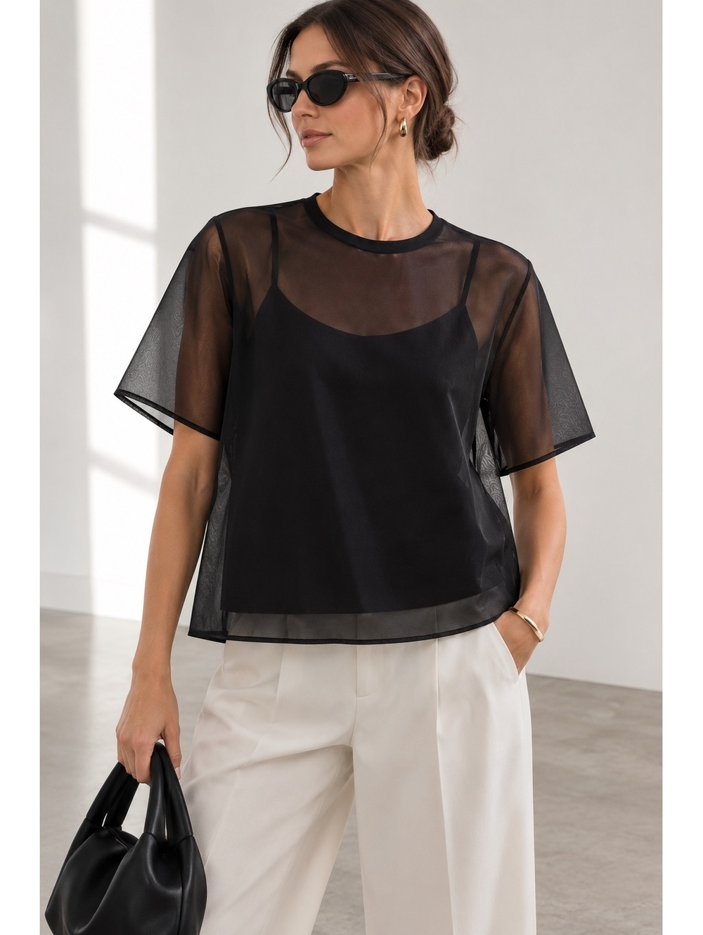 NWT EVERY Women’s M Black 100% Silk Sheer Layered Short Sleeve Top Blouse